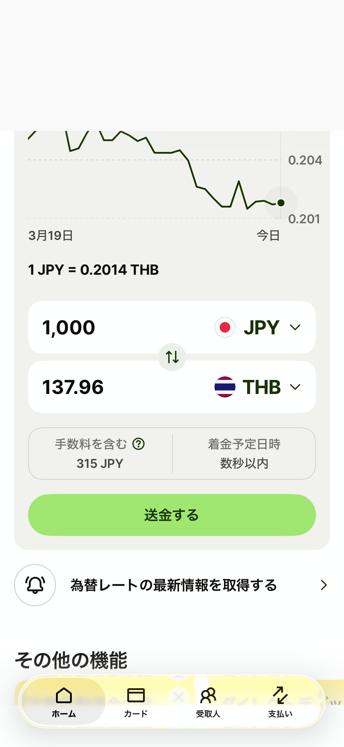 Wiseの送金画面。1,000円を両替すると手数料を含む315円と表示されている。