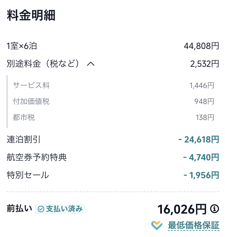 Trip.comの料金詳細。謎の割引が重なって元値から大幅に安くなっている